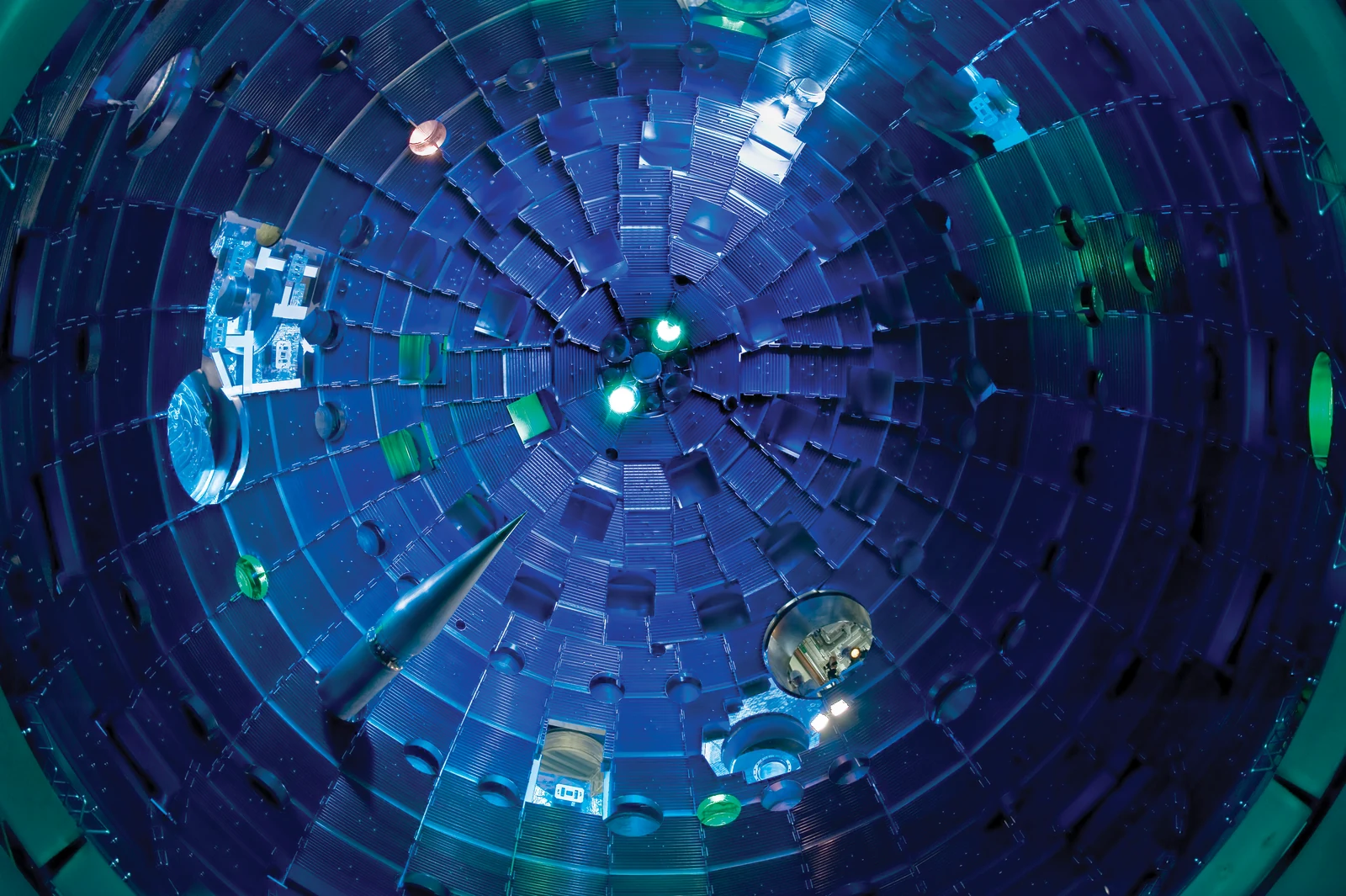 Historical 2008 photograph of the National Ignition Facility target chamber at LLNL